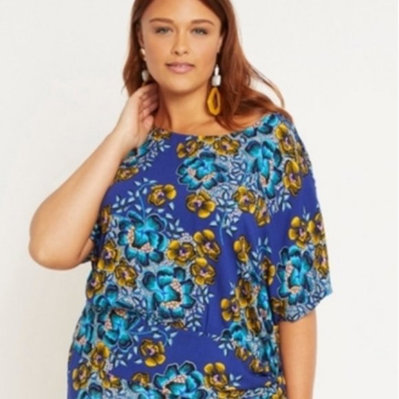 Eloquii Plus Blue Floral Side Waist Tie Blouse - Picture 1 of 7
